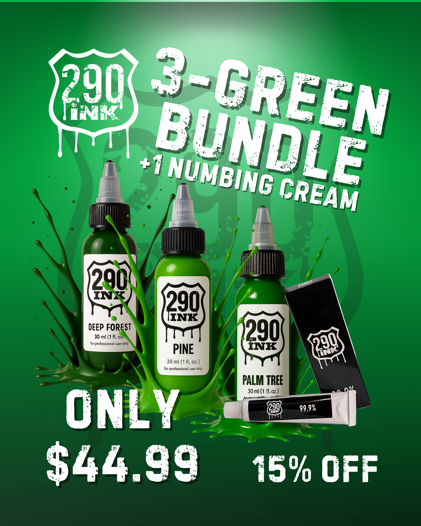 3-Set Green + 1 Numbing Cream Bundle: Deep Forest, Pine, Palm Tree (1oz ea)