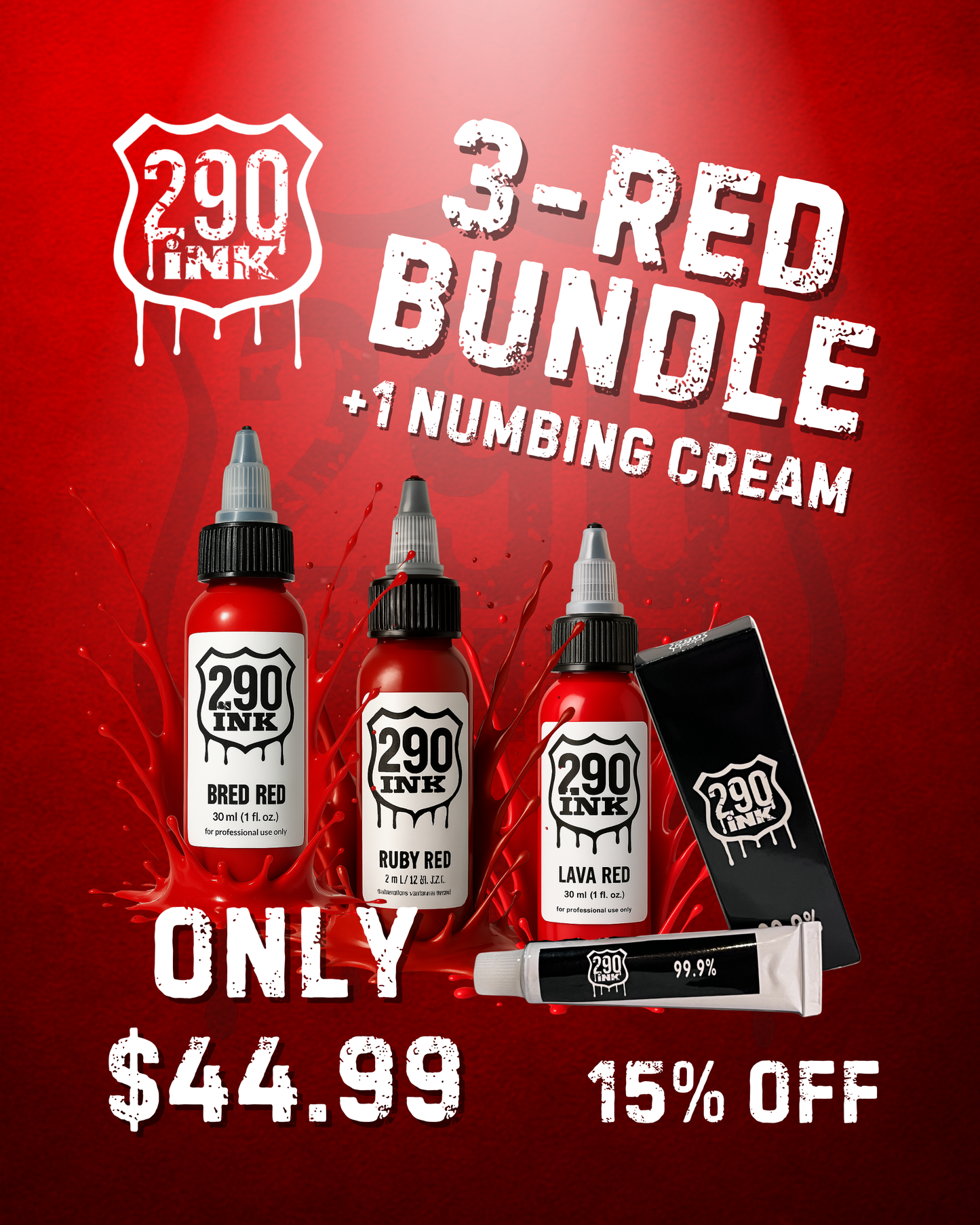 3-Set RED + 1 Numbing Cream Bundle: Bred Red, Ruby Red, Lava Red (1oz ea)