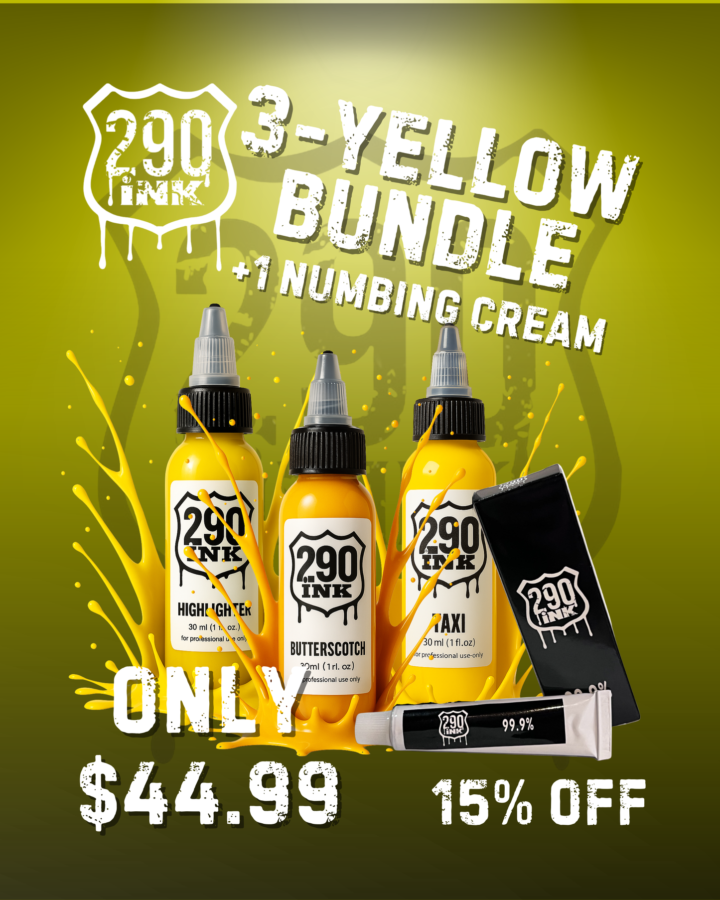 3-set YELLOW + 1 Numbing Cream Bundle: Highlighter, Butterscotch, Taxi (1oz ea)