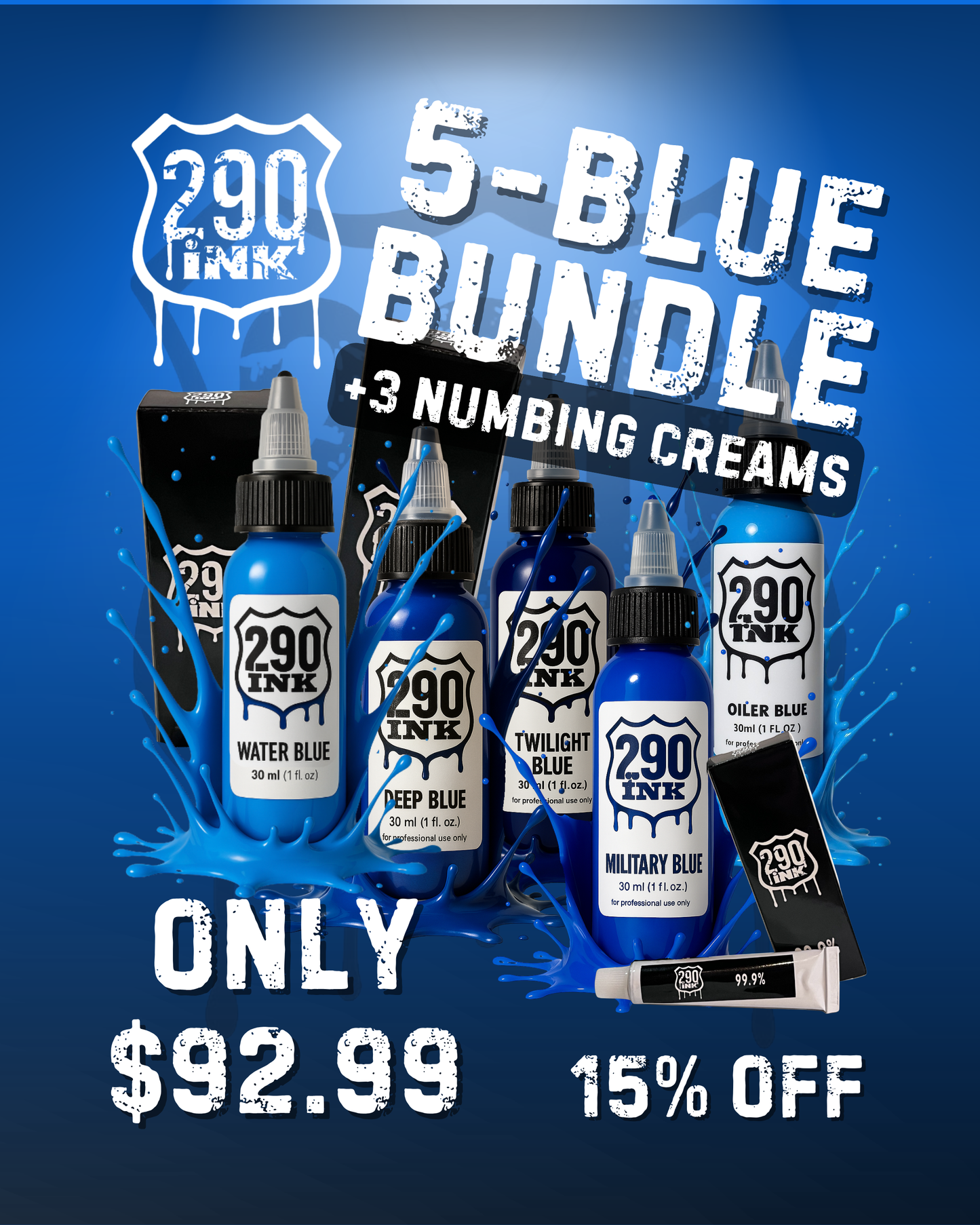 5-set BLUE + 3 Numbing Cream Bundle: Twilight Blue, Military, Deep Blue, Oiler Blue, Water Blue (1oz ea)