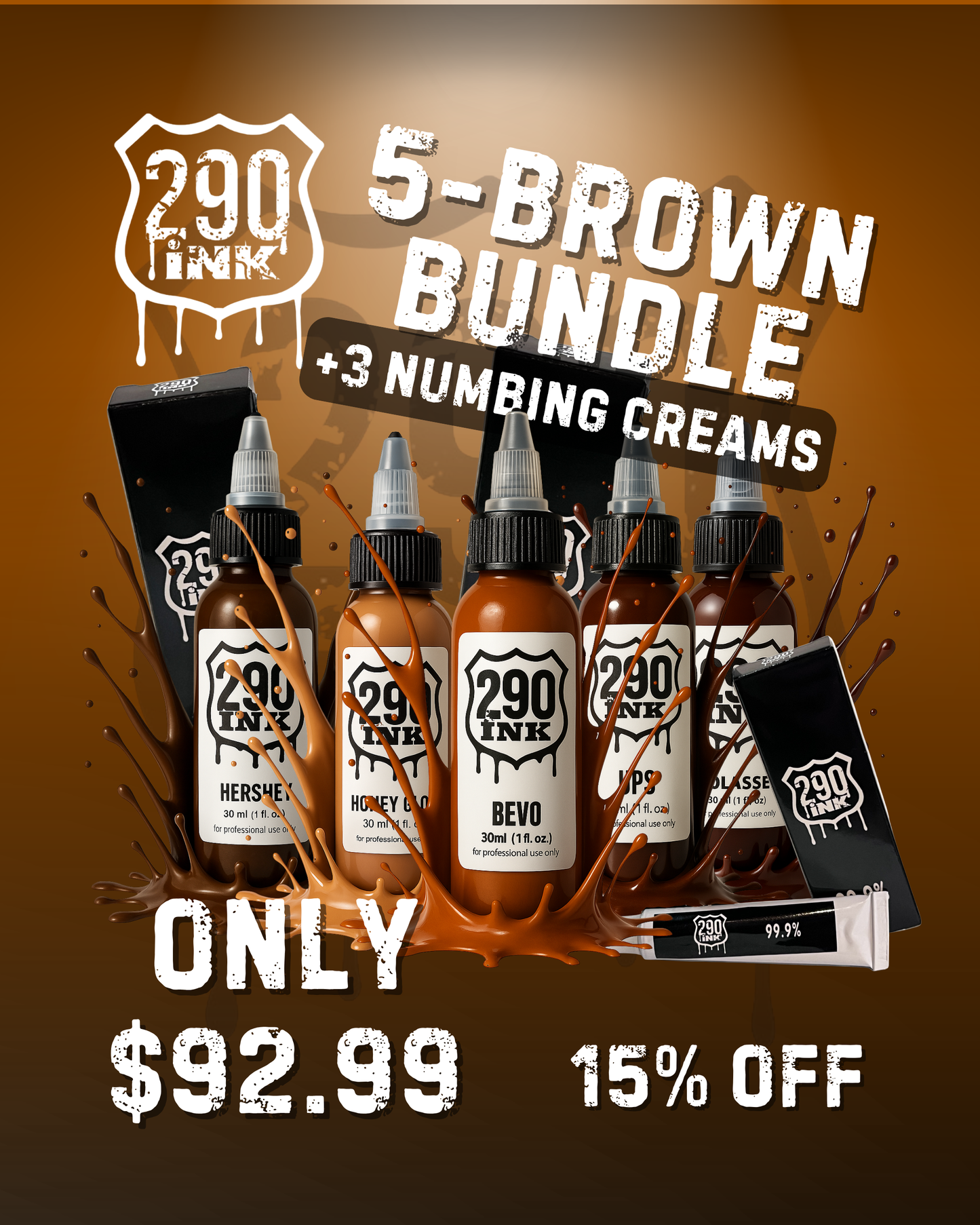 5-Set BROWN + 3 Numbing Cream Bundle: Hershey, Honey Glow, Bevo, UPS, Molasses (1oz ea)