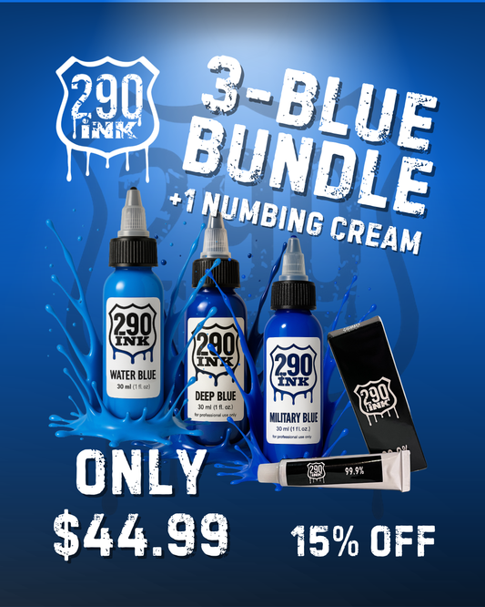 3-Set BLUE + 1 Numbing Cream Bundle: Military, Deep Blue, Water Blue (1oz ea)
