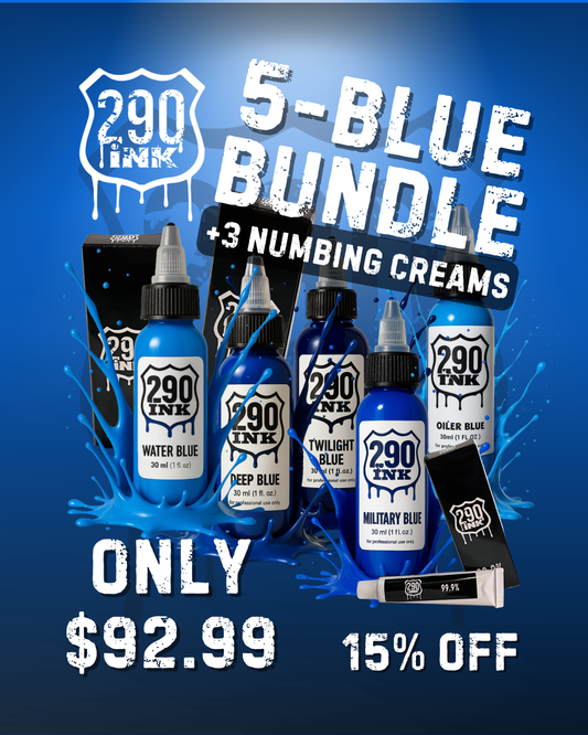 5-set BLUE + 3 Numbing Cream Bundle: Twilight Blue, Military, Deep Blue, Oiler Blue, Water Blue (1oz ea)