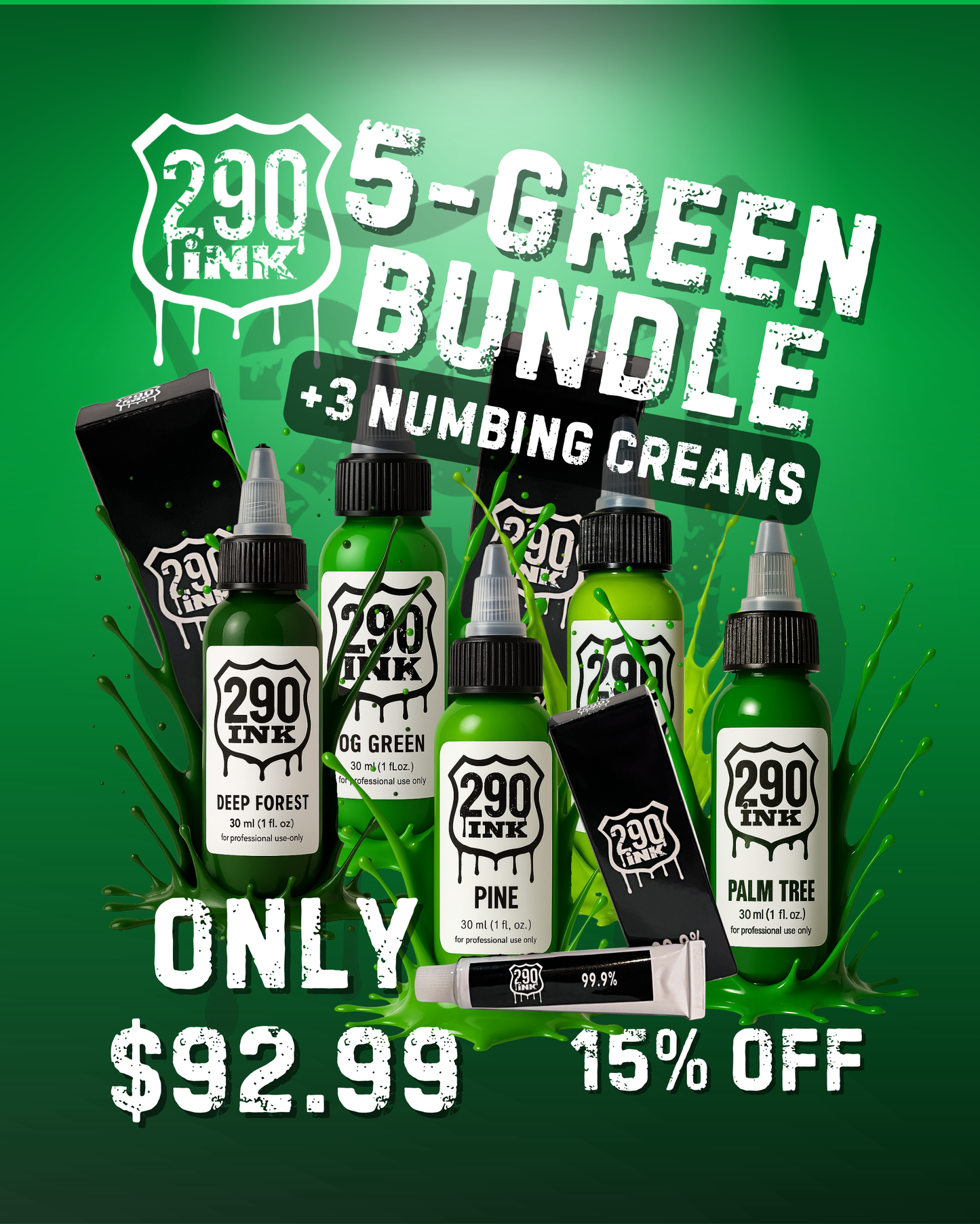 5-set GREEN +3 Numbing Cream Bundle: Deep Forest, OG Green, Pine, Palm Tree, Lime (1oz ea)