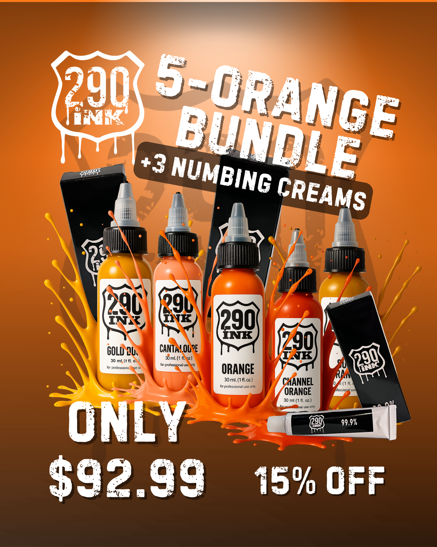 5-set ORANGE + 3 Numbing Cream Bundle: Sun Orange, Gold Dust, Cantaloupe, Orange, Channel Orange (1oz ea)
