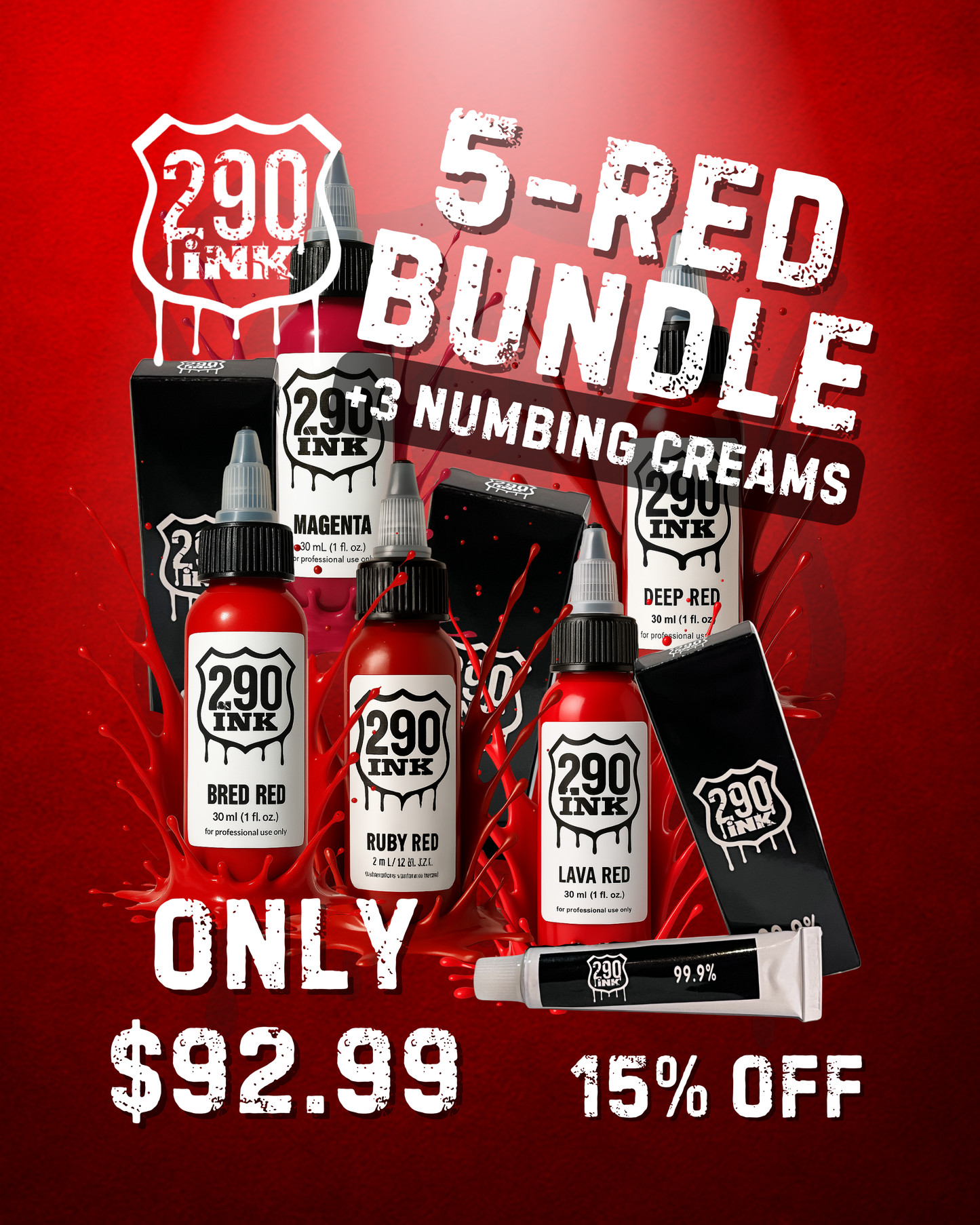 5-set RED + 3 Numbing Cream Bundle: Bred Red, Magenta, Ruby Red, Lava Red, Deep Red (1oz ea)