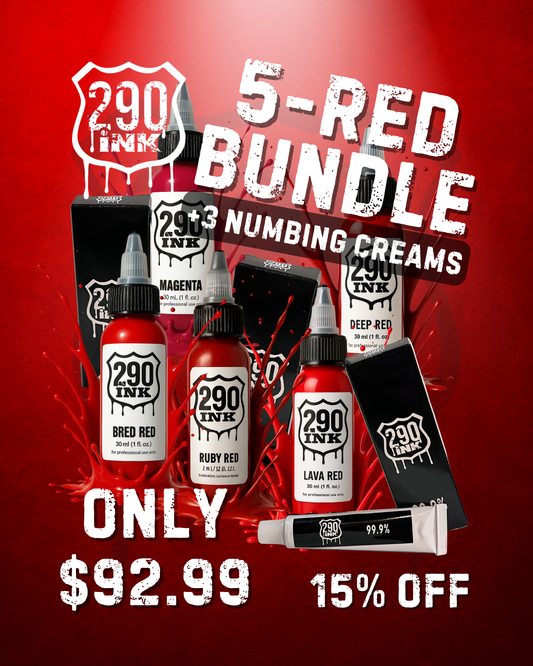 5-set RED + 3 Numbing Cream Bundle: Bred Red, Magenta, Ruby Red, Lava Red, Deep Red (1oz ea)