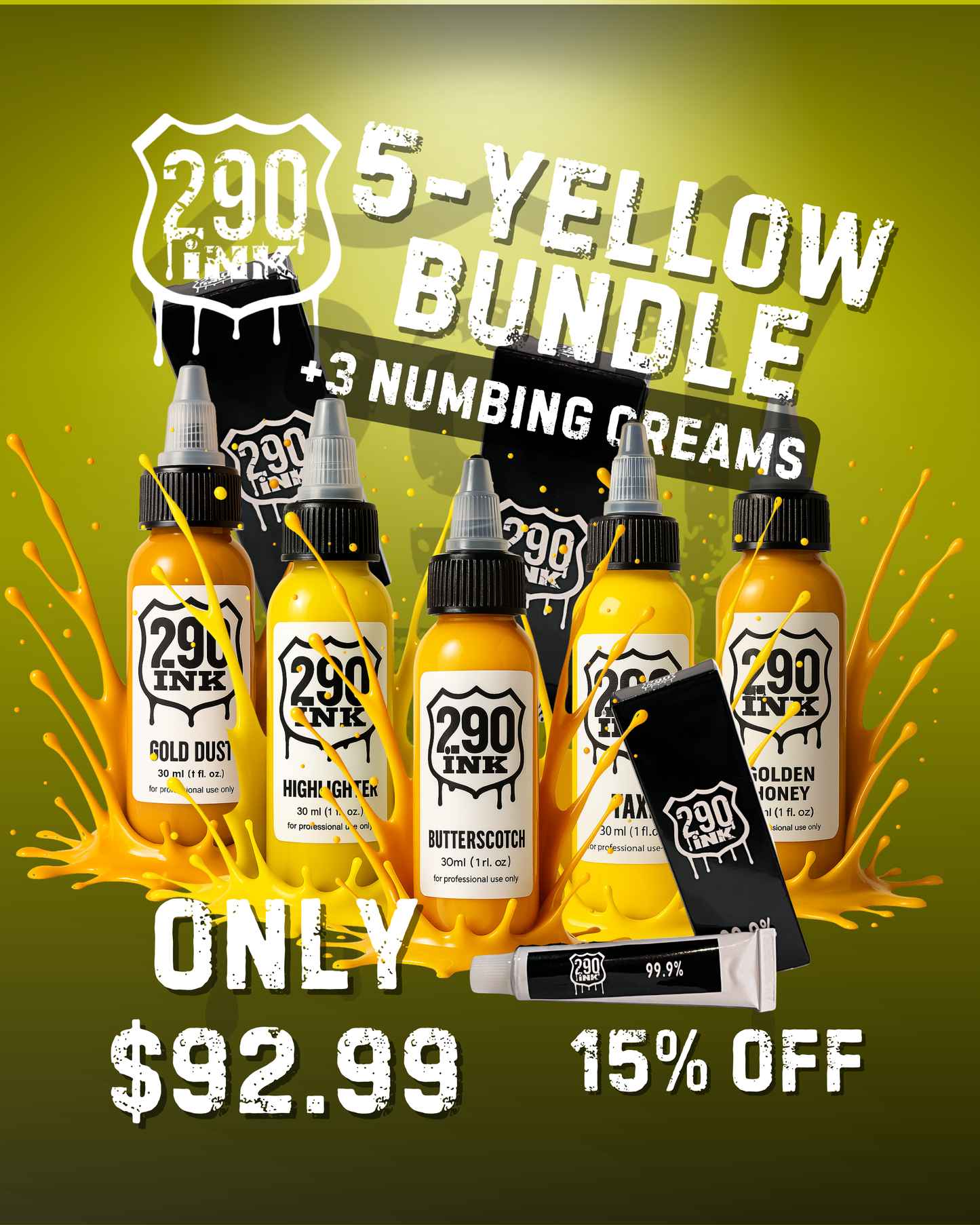 5-set YELLOW + 3 Numbing Cream Bundle: Gold Dust, Highlighter, Butterscotch, Taxi, Golden Hunny(1oz ea)